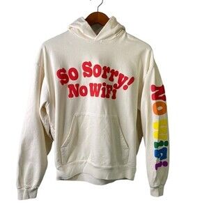 New Madhappy Sorry No Wifi Universal Hoodie Cotton Terry Kangaroo Pocket Cream